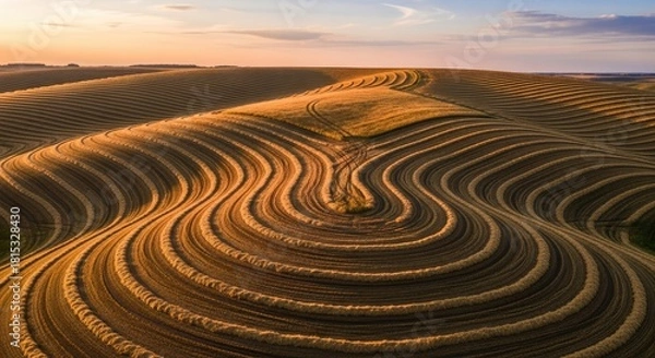 Fototapeta Aerial view of rolling hills with unique patterns during sunset.