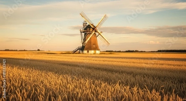 Fototapeta Golden Hour Windmill in a Wheat Field Landscape.