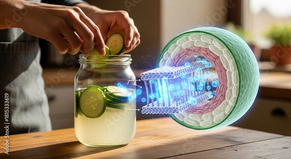 Obraz Person adding cucumber slices to a jar of water, with a holographic display of dna strands, symbolizing healthy hydration and cellular benefits