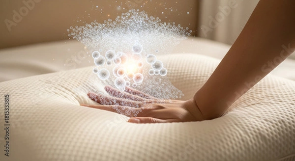 Obraz Closeup of a hand pressing into a soft pillow, with animated particles and bubbles representing comfort, support, and advanced material technology