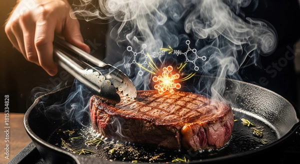 Obraz Chef using tongs to cook a thick, juicy steak in a cast iron skillet, with smoke rising and a glowing molecular structure representing flavor compounds and cooking science