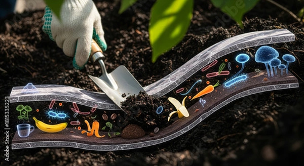 Obraz A crosssection of soil reveals a vibrant ecosystem of beneficial microorganisms, fungi, and organic matter, with a gloved hand using a trowel to cultivate the rich earth