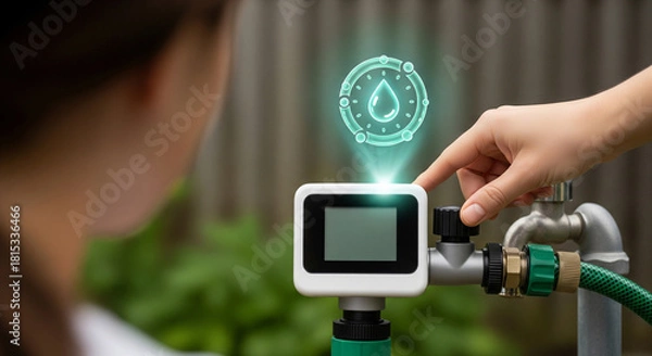 Obraz Smart irrigation system with a digital timer controlling water flow from a garden tap, controlled by a person using a smartphone interface, representing automation and water conservation in gardening