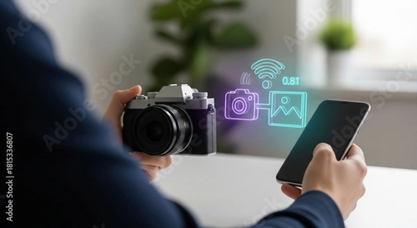 Obraz Person holding a vintage camera and a smartphone, with glowing digital icons representing data transfer and connectivity, symbolizing the integration of old and new photography