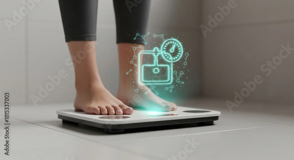 Obraz Person standing on a digital smart scale with glowing futuristic icons representing health and fitness tracking, symbolizing weight loss and body composition analysis in a modern home setting