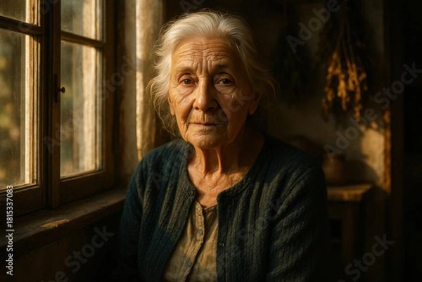 Obraz Thoughtful older woman gazing out window in warm light, portrait of wisdom and experience, capturing timeless beauty in quiet contemplation