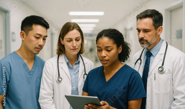 Fototapeta Dedicated medical team collaborating using digital tablet in hospital, providing efficient patient care and innovating healthcare delivery together now