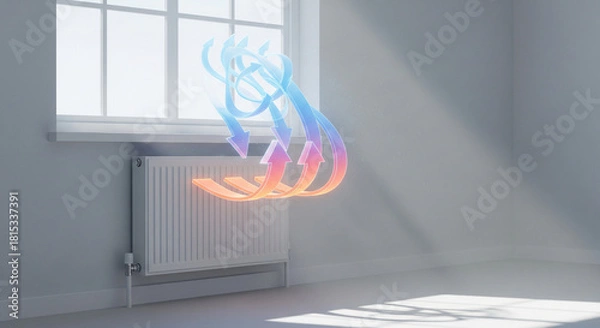 Obraz Radiator heating a room with visible warm air currents flowing upwards towards the window, representing energy efficiency and home comfort