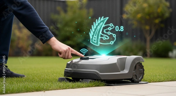 Obraz Persons finger activating a robotic lawnmower with a glowing futuristic icon showing a leaf and circuit board, symbolizing smart gardening and automated lawn care in a backyard