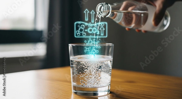 Obraz Pouring sparkling water from a glass bottle into a drinking glass, with a glowing blue holographic interface displaying bubbles and effervescence, representing refreshment and hydration