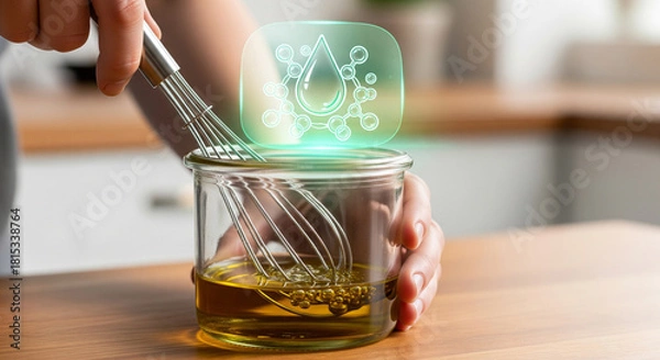 Obraz A person whisks oil in a glass jar, with a glowing icon of a water droplet and molecules above, symbolizing a healthy ingredient or a cooking process