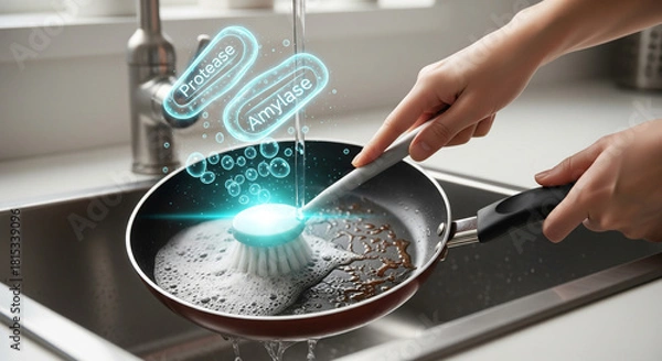 Obraz A person scrubs a frying pan in a kitchen sink, with glowing icons of protease and amylase molecules above, illustrating the action of enzymes in cleaning