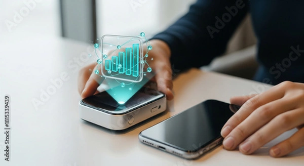 Obraz A persons hands interacting with a smartphone and a small portable device, with a holographic bar chart projecting upwards, signifying financial data analysis or mobile business intelligence