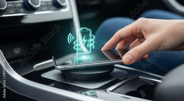 Obraz Hand placing smartphone on a wireless charging pad inside a car, with a glowing battery icon indicating charging