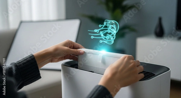 Obraz Person inserting a filter into an air purifier, with a glowing hologram of the devices internal mechanism above it, symbolizing clean air and health