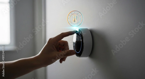 Obraz A persons hand adjusts a smart thermostat on a wall, with a glowing circular interface indicating temperature control and energy efficiency