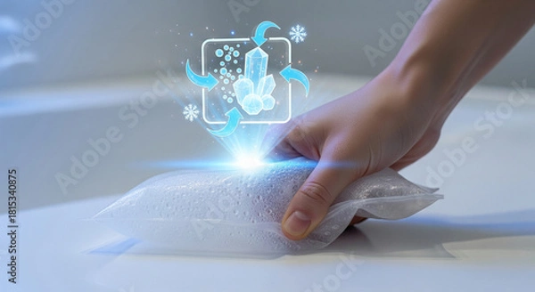 Obraz Hand holding a filter bag with glowing ice crystals and snowflakes, representing cold and freshness, with a bright light emanating from the center, symbolizing purification and advanced technology