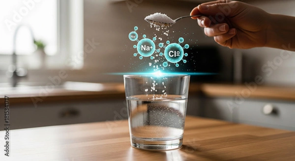 Obraz Spoonful of salt crystals, showing na and cl ions, being added to a glass of water, illustrating the chemical composition of salt and its dissolution