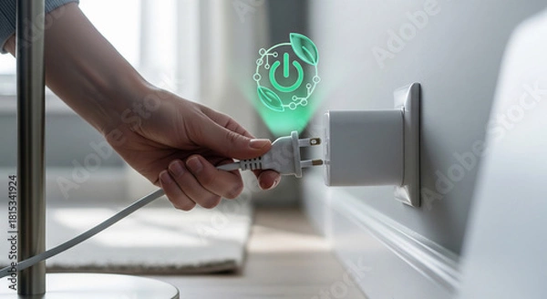 Obraz Hand unplugging a power cord from a wall socket with a glowing green icon of a power button and leaves symbolizing energy saving and ecofriendly electricity consumption