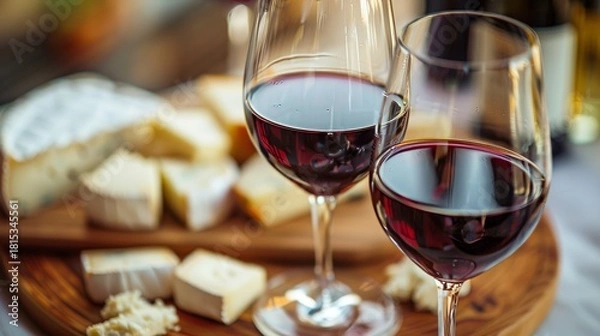 Obraz Elegant romantic dining  red wine glasses and gourmet cheese platter on a wooden board