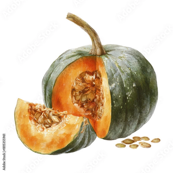 Obraz Cut pumpkin with seeds and slice on black background