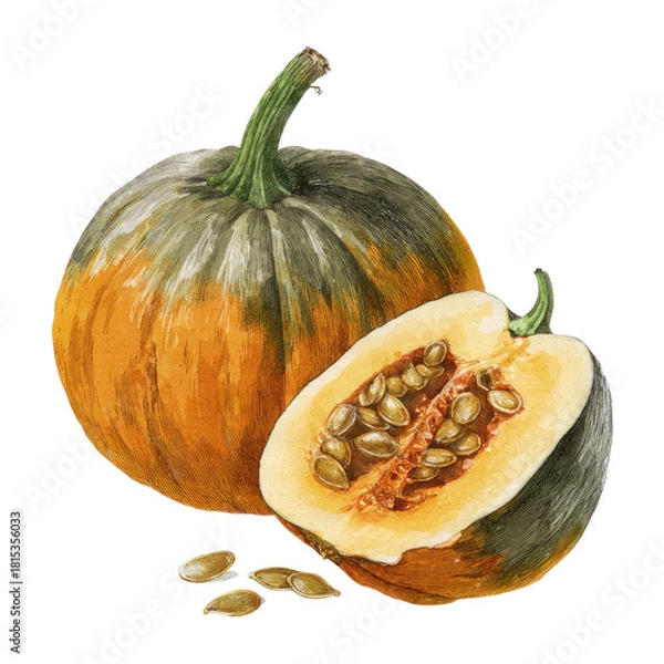Fototapeta Watercolor illustration of a whole and halved acorn squash with seeds
