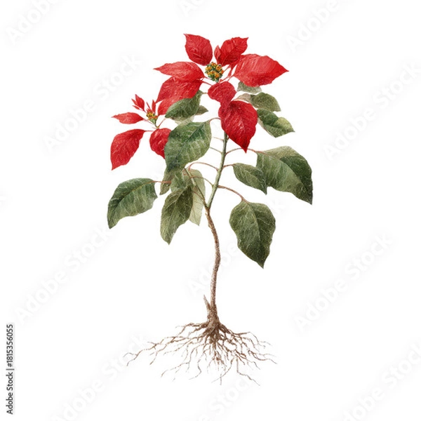 Obraz Watercolor illustration of a poinsettia plant with visible roots on a black background