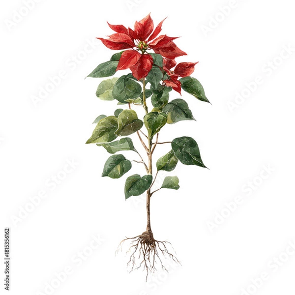 Fototapeta Watercolor illustration of a poinsettia plant with red bracts and green leaves, showing roots, on a black background.