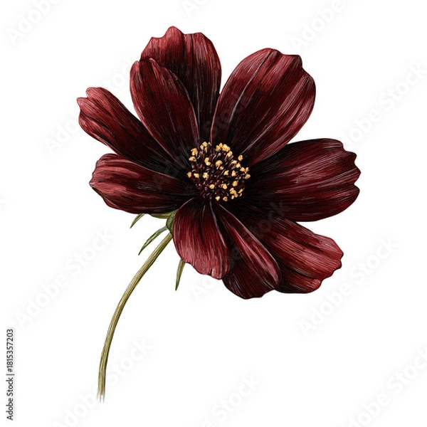 Obraz Dark red cosmos flower with yellow center and green stem, isolated on black.