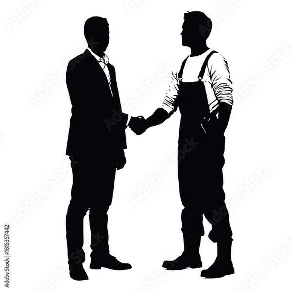 Obraz Two men shaking hands, one in a suit and tie, the other in overalls.