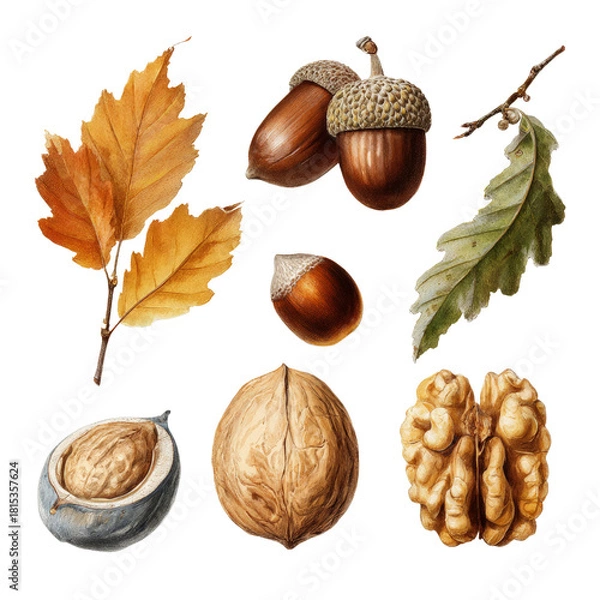 Fototapeta Collection of nuts and autumn leaves, isolated on black background