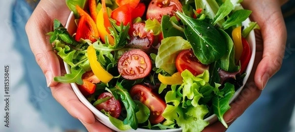 Obraz Close up of hands holding a vibrant bowl of fresh salad for a healthy eating lifestyle