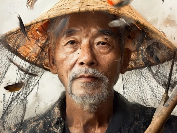 Obraz Elderly fisherman portrait coastal village digital art intimate setting close-up cultural heritage