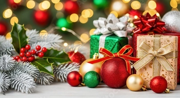 Fototapeta Festive Christmas gifts and ornaments with holly and frosted pine branches against a bokeh background of holiday lights, perfect for seasonal celebrations.