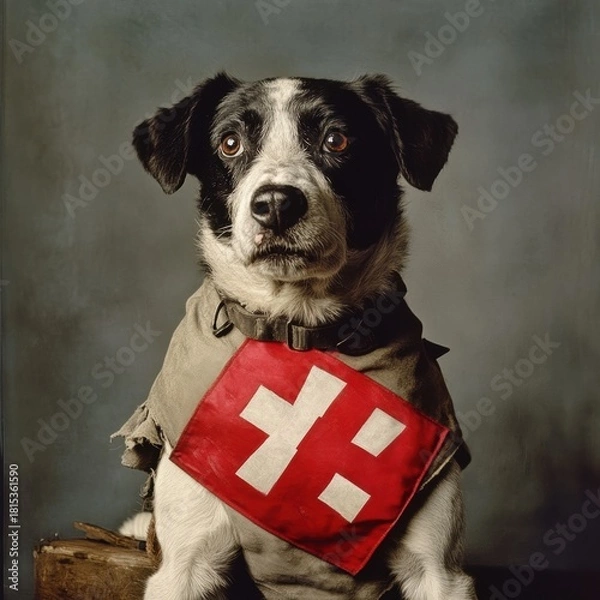 Fototapeta Heroic dog in uniform historical setting animal portrait studio environment front view compassionate concept