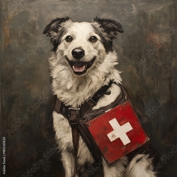 Fototapeta Heroic rescue dog in action urban setting portrait dramatic lighting focus on loyalty and bravery