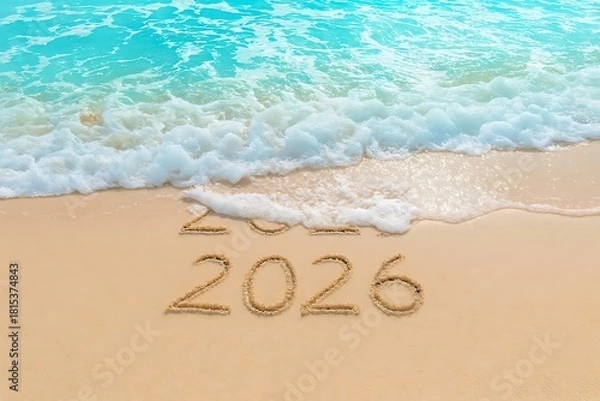 Obraz Message Year 2025 replaced by 2026 written on beach sand background. Good bye 2025 hello to 2026 happy New Year coming concept.