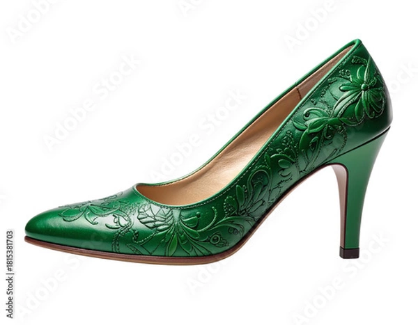 Fototapeta Side-Angled Green Embossed Floral Shoe with Curved Silhouette and Soft Shadow, Isolated