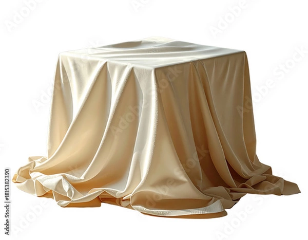 Fototapeta Covered Cube-Shaped Object Under Beige Fabric, Structured Geometry and Crisp Edges, Isolated