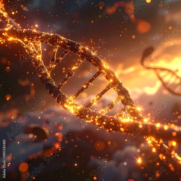 Obraz A luminous, glowing spiral structure with a double helix form, against a background of clouds and a fiery glow