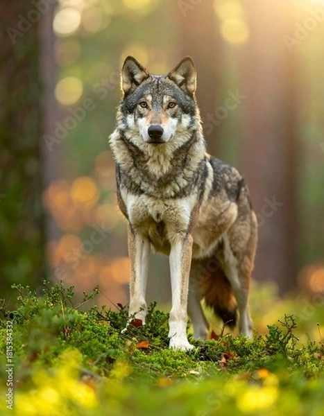 Obraz A majestic wolf stands amidst vibrant foliage and dappled sunlight of a lush forest setting, gazing forward