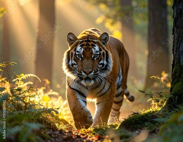 Fototapeta A majestic tiger confidently strides towards the viewer, illuminated by golden rays filtering through a lush forest