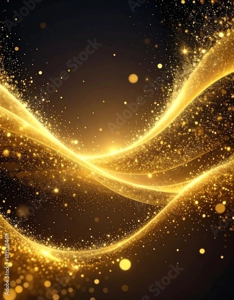 Obraz A mesmerizing digital artwork features flowing, golden waves of sparkling particles against a dark, radiant background. The light is diffused