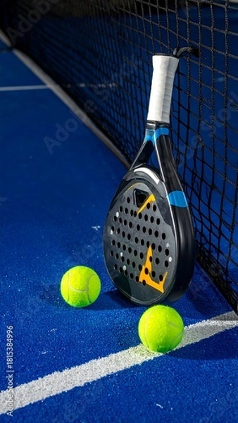 Obraz A modern racquet leaning against a black net, two yellow balls sit on the blue court, creating a vibrant sporting scene