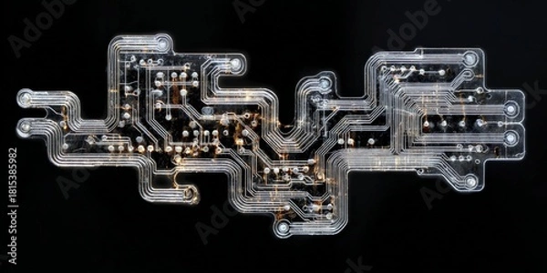 Fototapeta Circuit Board Elegance: An abstract view of intricate circuit board design, revealing delicate pathways and electronic components, symbolizing the essence of modern technology and data flow.
