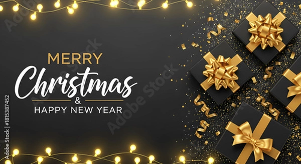 Fototapeta Christmas banner. Background Xmas design of sparkling lights garland, with realistic gifts box, black snowflake and glitter gold confetti. Horizontal christmas poster, greeting cards, headers, website