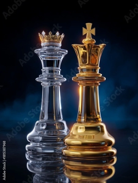 Fototapeta Chess Kings in the Spotlight: The king and the queen stand side by side, regal in their contrasting brilliance and symbolism, within an evocative and dramatically illuminated setting.