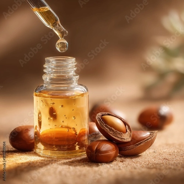 Fototapeta Argan Oil Elixir: A glistening droplet of argan oil descends from a glass dropper into a bottle, embodying purity and the essence of this natural beauty. Next to it, the kernels.