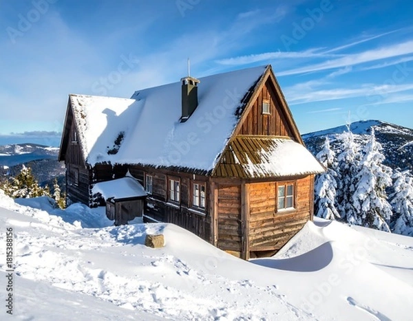 Obraz A rustic wooden cabin is nestled amidst a snow-covered landscape on a bright, sunny day, with distant mountains