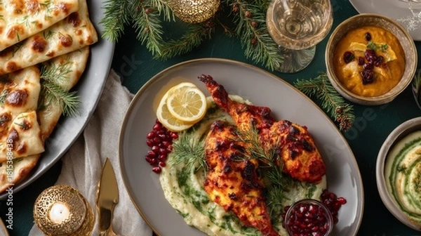 Fototapeta Festive Table Setting with Delicious Chicken Dish Garnished with Herbs, Pomegranate Seeds, Lemon, Bread, and Colorful Side Dishes for Holiday Feast